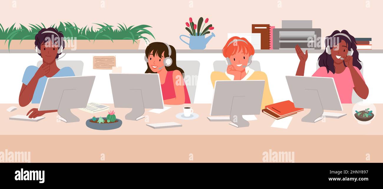 Centre d'appels avec des personnages opérateurs dans des écouteurs, équipe d'employés de bureau au travail Illustration de Vecteur Centre d'appels avec des personnages opérateurs dans des écouteurs, équipe d'employés de bureau au travail Illustration de Vecteur