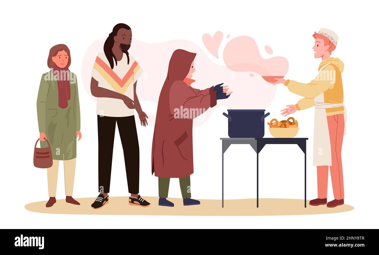 File d'attente des sans-abri pour la charité aider à la nourriture Illustration de Vecteur
