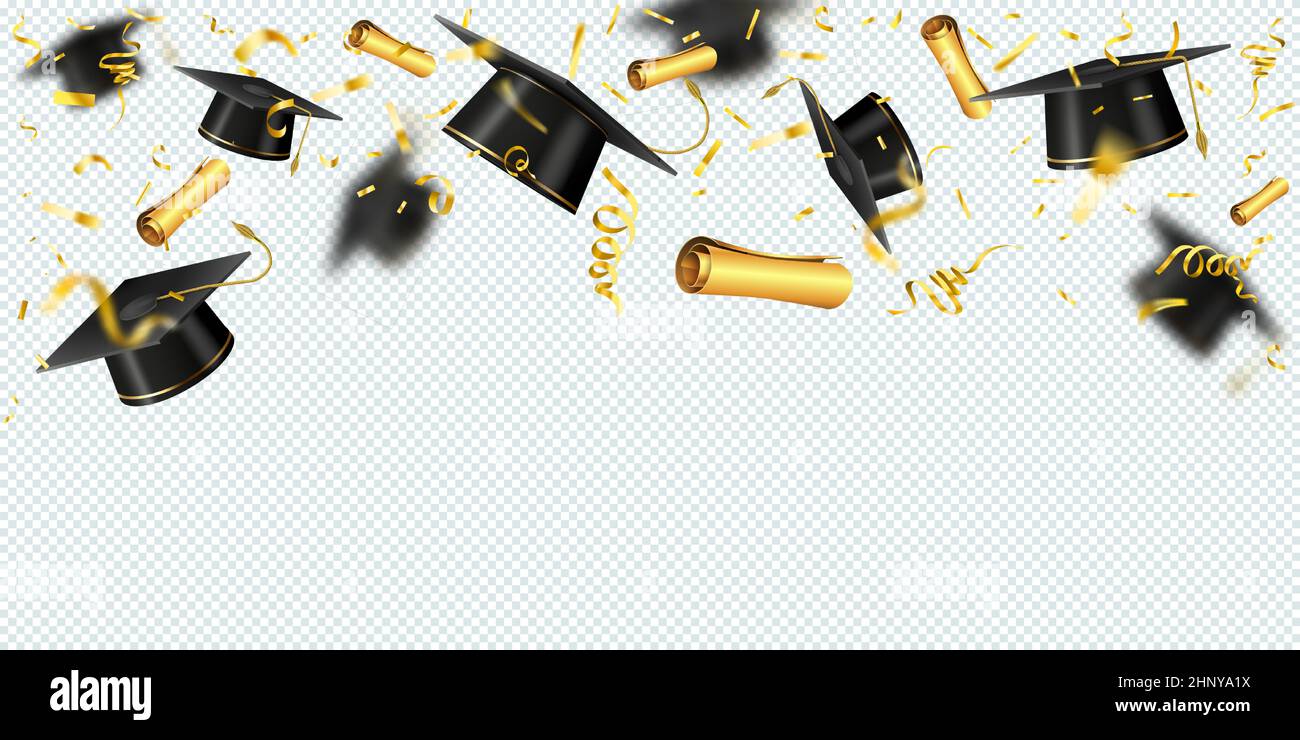 Arrière-plan réaliste avec des casquettes volantes, des confettis d'or et un diplôme. Bannière vectorielle pour la cérémonie des diplômés des écoles ou des universités. Remise des diplômes Illustration de Vecteur