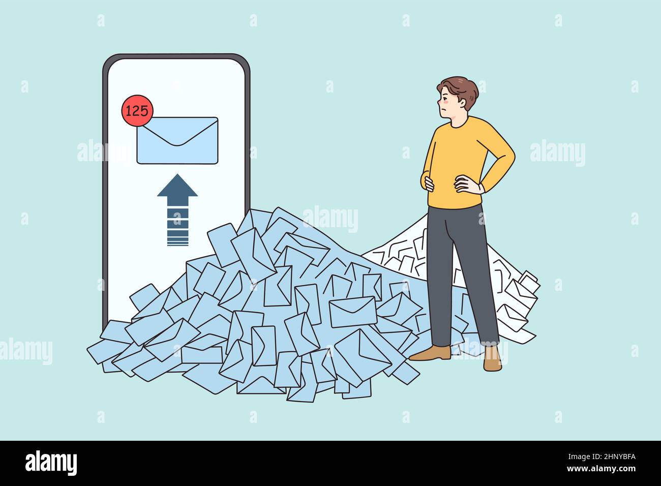 Un employé insatisfait regarde la pile ou les e-mails non lus pensent à la charge de travail. Un travailleur considère un tas d'e-mails et de notifications de smartphone. Concept de surcharge de travail et de stress professionnel. Illustration vectorielle. Illustration de Vecteur