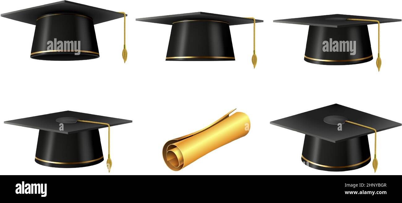 Diplôme universitaire réaliste casquette noire pour étudiants. Diplôme scolaire défilement. Chapeau en Mortarboard avec ensemble vectoriel à pampilles dorées. Illustrateur Illustration de Vecteur