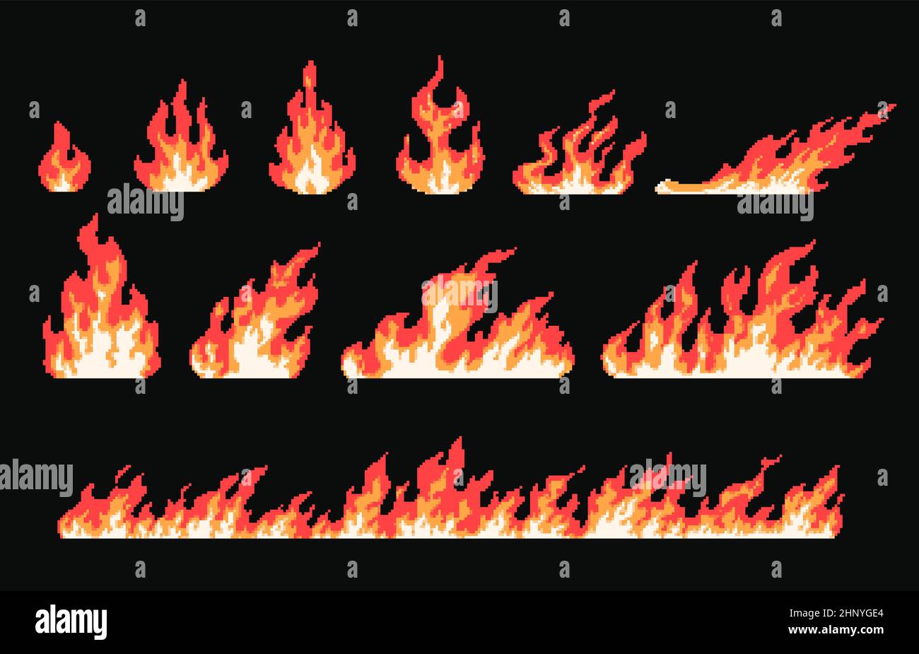 Pixel art feu et flamme, effet de combustion pour les jeux 8 bits. Arrière-plan bordure de feu de camp. Jeu d'arcade rétro Fire Energy Attack icons ensemble vectoriel. Ilustreti Illustration de Vecteur