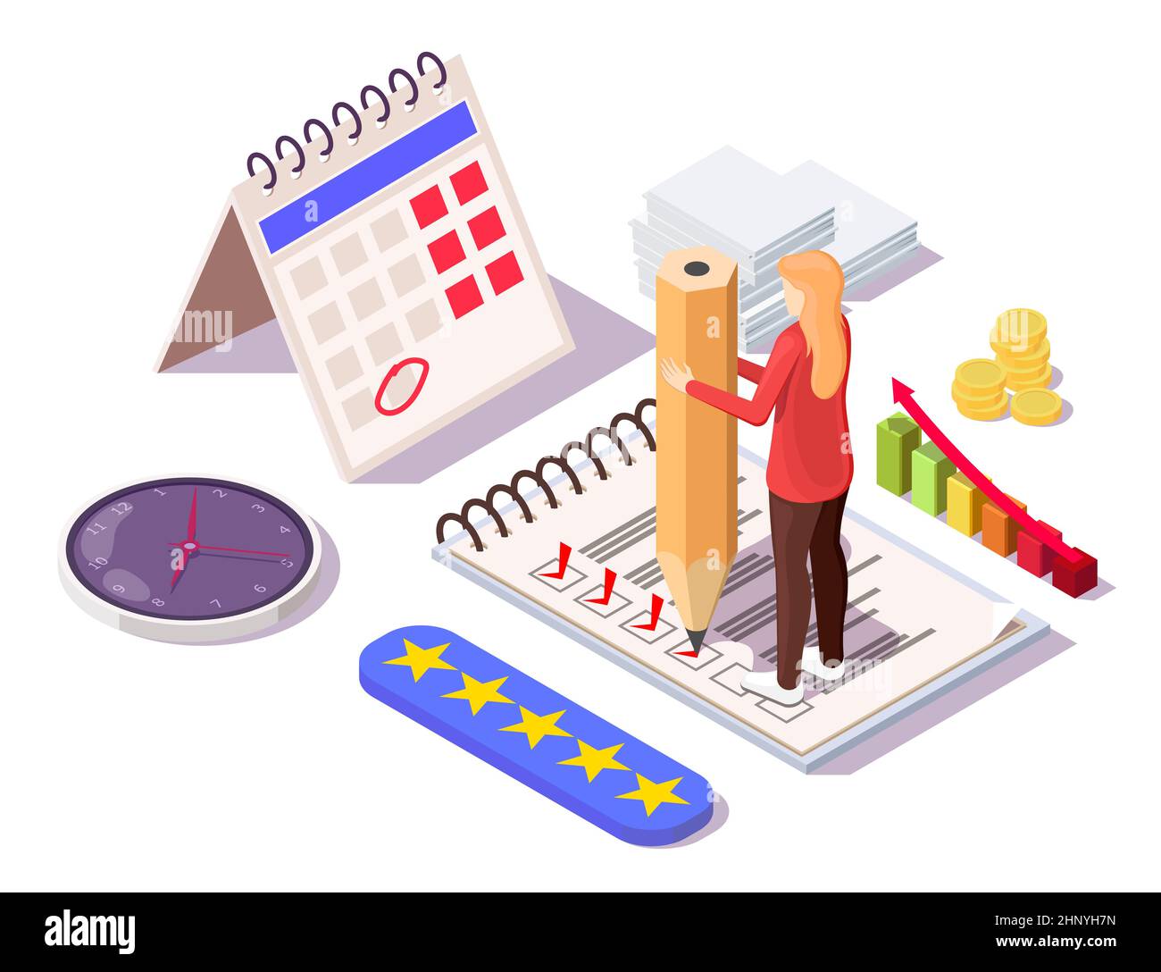 Femme marquant la liste de contrôle, les tâches comme terminées, illustration isométrique vectorielle. Productivité, ponctualité, gestion des tâches. Illustration de Vecteur