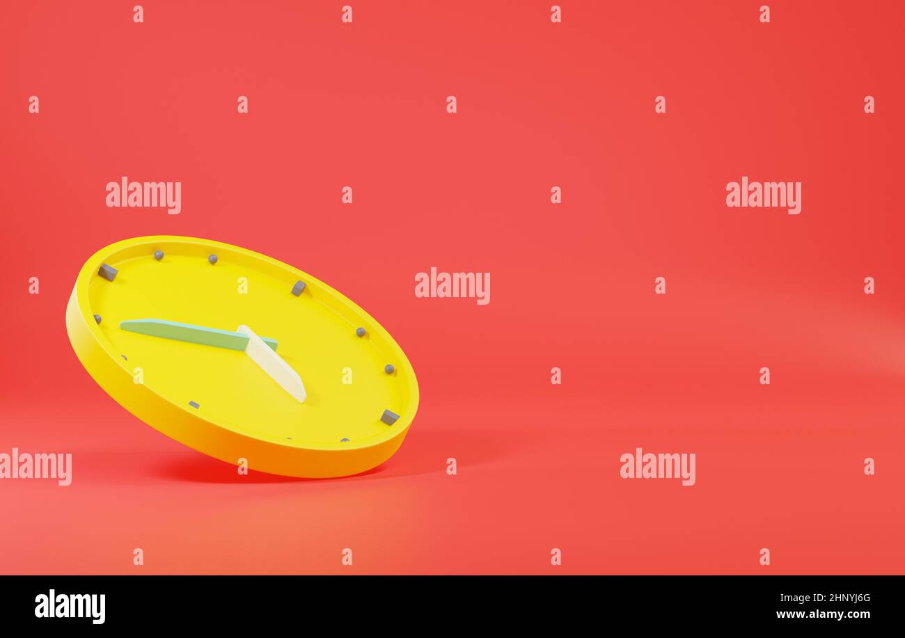 Icône horloge de bureau. Montres jaunes d'affaires rondes avec flèches de temps heures et minutes, cadran d'horloge sur fond rouge, élément de conception pour le web design, 3D RE Banque D'Images