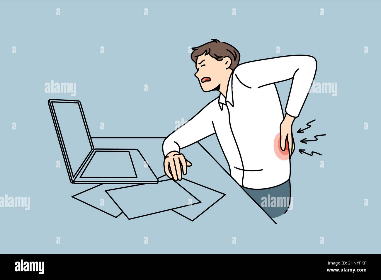 Sensation de mal de dos dans le concept de bureau.Homme irrité travailleur de bureau assis à l'ordinateur portable se touchant le dos sensation de douleur illustration du vecteur Banque D'Images