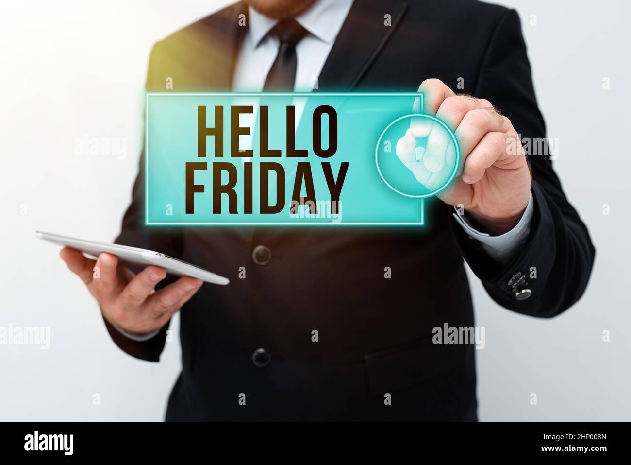 Affiche Hello Friday, Internet concept utilisé pour exprimer le bonheur dès le début de la semaine fraîche présentant les idées de nouvelles technologies discutant de Techn Banque D'Images