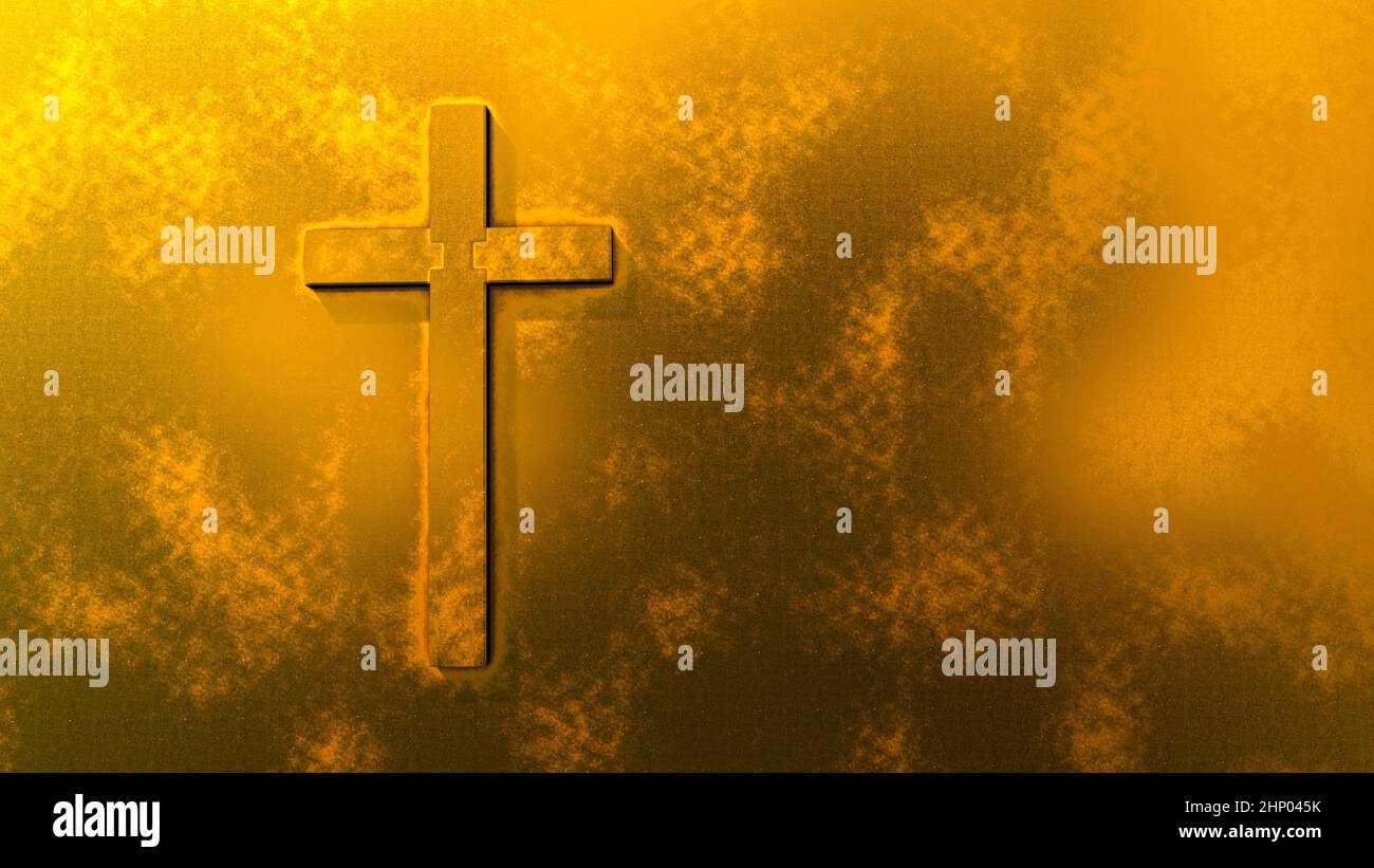 Concept ou croix d'or conceptuelle sur fond doré. métaphore de l'illustration 3d pour Dieu, Christ, Christianisme, religieux, foi, saint, spirituel, J Banque D'Images