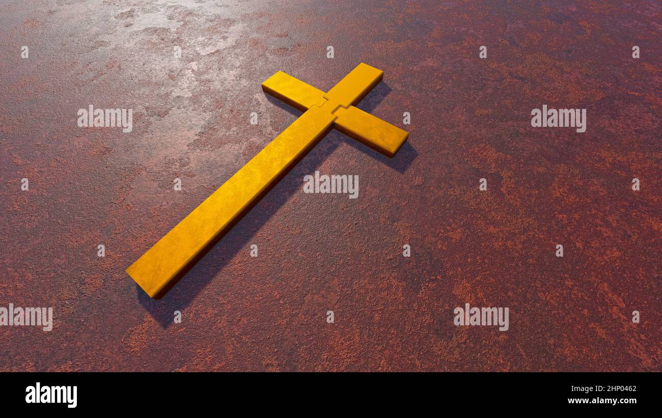 Concept ou croix d'or conceptuelle sur un fond en tôle corrodée rouillée ou en tôle d'acier. métaphore de l'illustration 3d pour Dieu, Christ, religieux, foi, h Banque D'Images