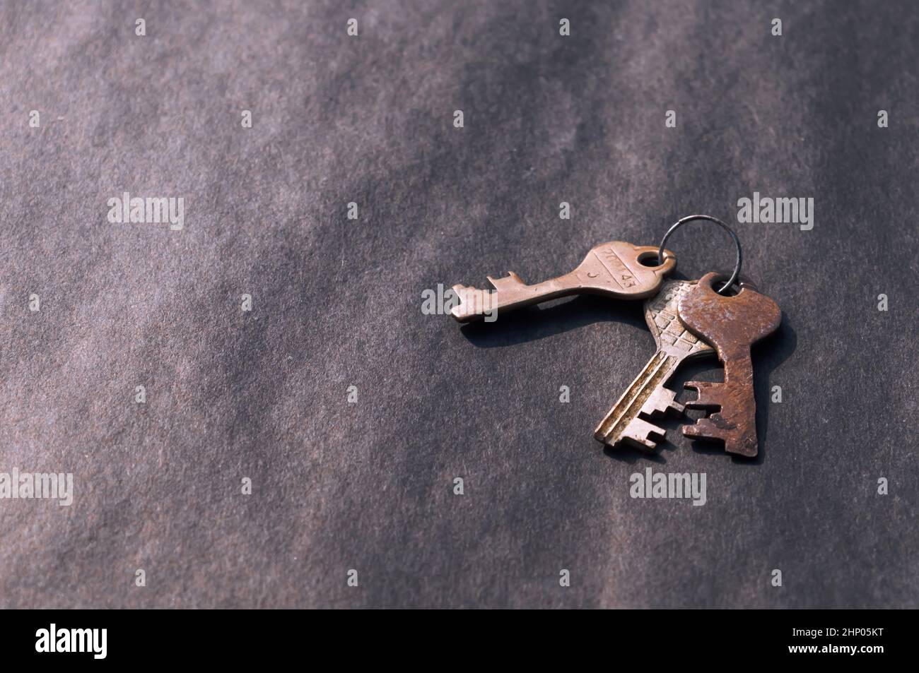 Une bande de vieille clé de maison isolée sur un étage rustique.Vue grand angle.Copier l'espace pour le texte.Concept d'arrière-plan de protection sécurisée. Banque D'Images
