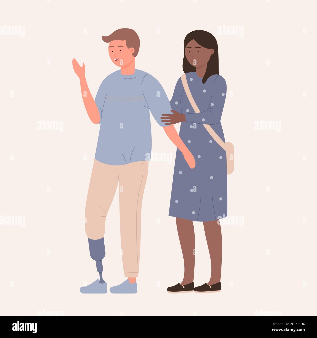 Peau sombre fille aidant garçon avec prothèse de jambe. Prise en charge et assistance des personnes handicapées illustration vectorielle de dessin animé Illustration de Vecteur