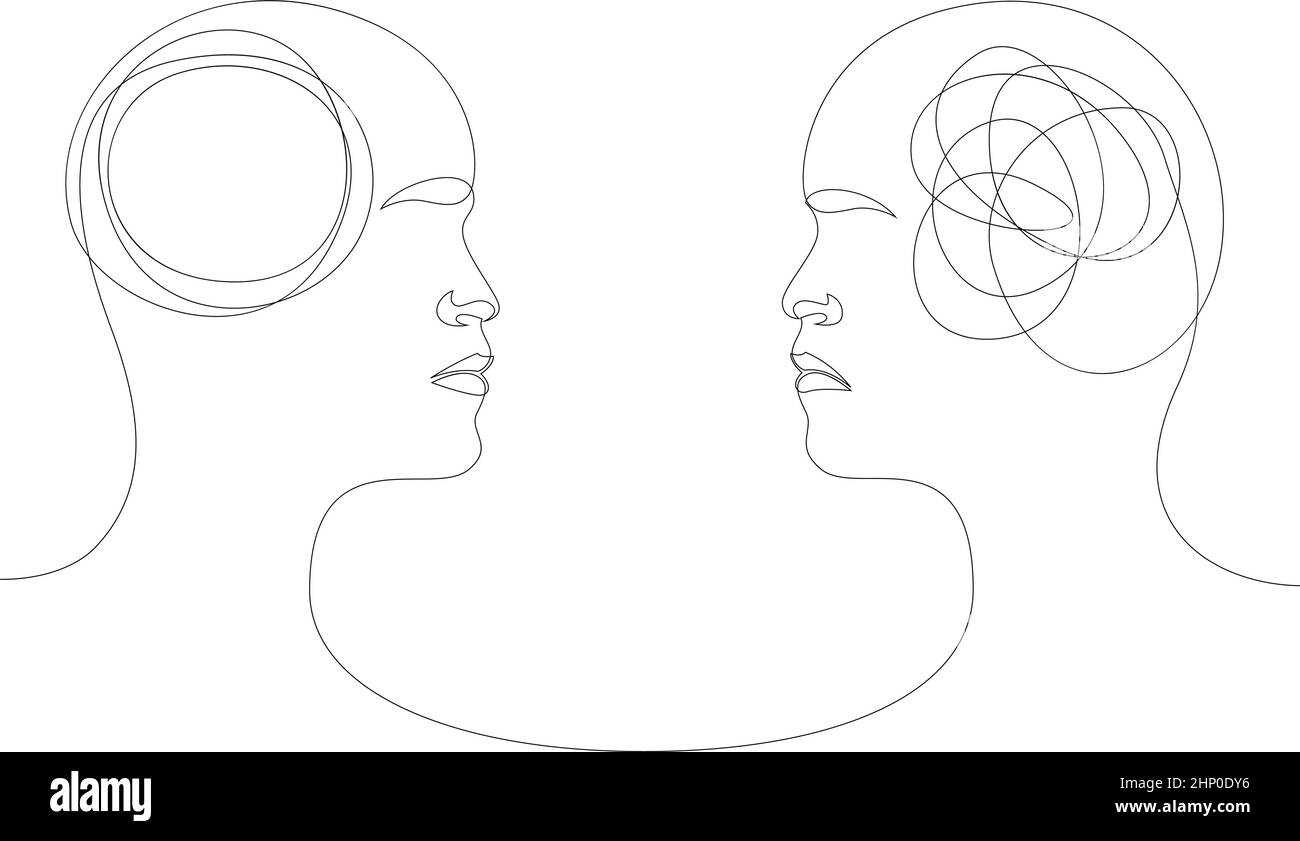 Deux têtes humaines avec une pensée opposée. Le concept du chaos et de l'ordre dans les pensées. Illustration vectorielle d'une mise en plan linéaire continue sur une ligne. Illustration de Vecteur