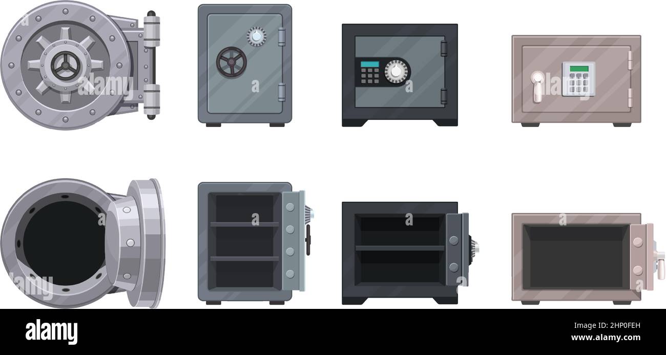 Coffre-fort et coffre-fort en métal avec portes ouvertes et fermées. Boîtes sécurisées avec verrous à code. Protection de l'or et de l'argent. Coffre-fort vide dans l'ensemble de vecteurs. Illustrateur Illustration de Vecteur