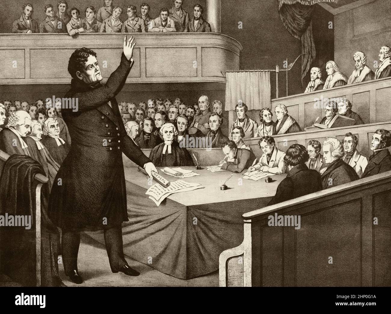 Illustration de 19th siècles du procès de Daniel O'Connell qui a commencé dans les quatre tribunaux de Dublin le 15 janvier 1844. O’Connell s’est défendu ; il s’agissait de sa dernière affaire devant le tribunal. Il a utilisé le procès comme plate-forme pour plaider en faveur de l'Abrogation et critiquer la règle britannique en Irlande. O’Connell et ses associés ont été reconnus coupables. Le 30 mai, ils ont été condamnés à une peine d'emprisonnement d'un an au pénitencier de Richmond Bridewell, sur la route circulaire Sud, à Dublin. Ils ont été libérés le 6 septembre 1844 après que la Chambre des Lords britannique ait renversé leurs convictions. Banque D'Images