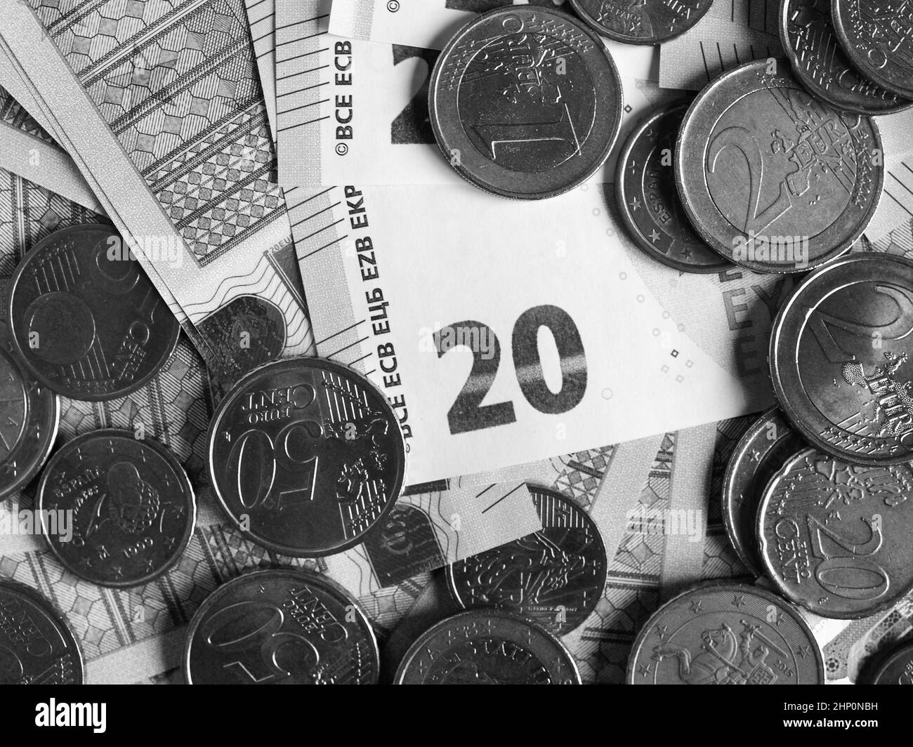 Billets et pièces en euros (EUR), monnaie de l'Union européenne en noir et blanc Banque D'Images