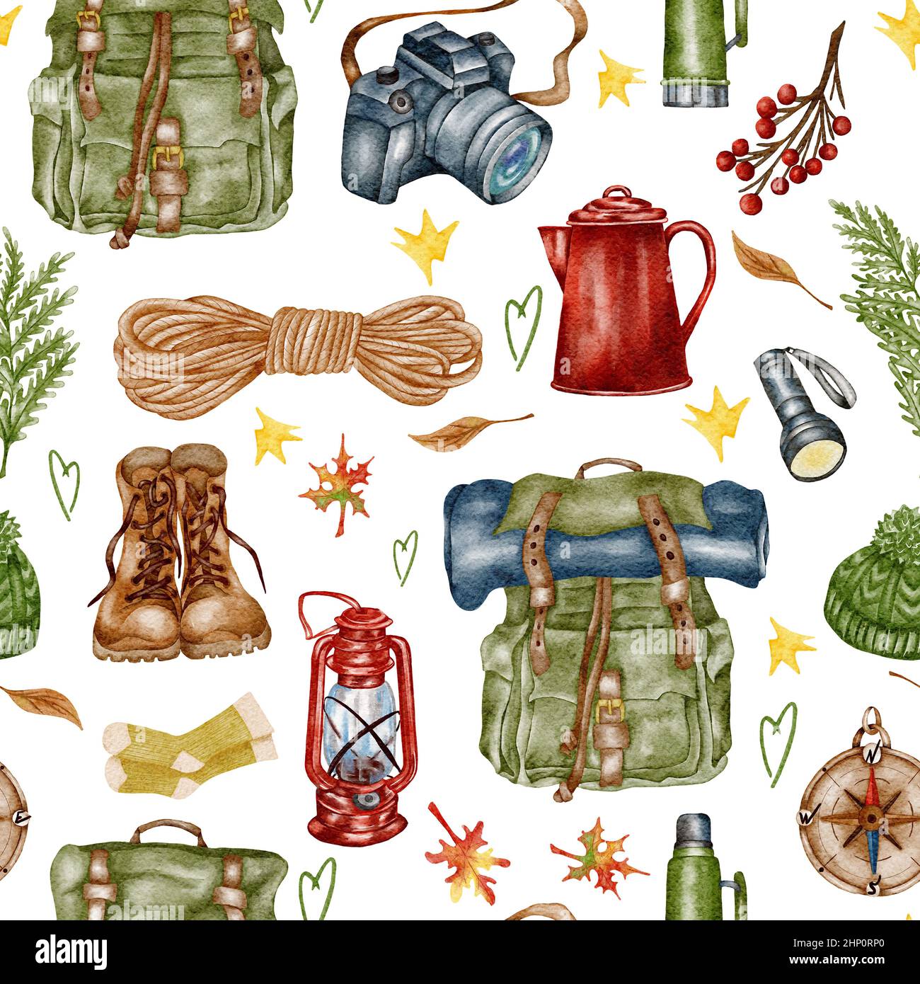 Motif forêt sans couture. Nature sauvage. Camping aquarelle fond sans couture idéal pour les cartes, invitations, fêtes, bannières, douche de bébé, préscolaire Banque D'Images