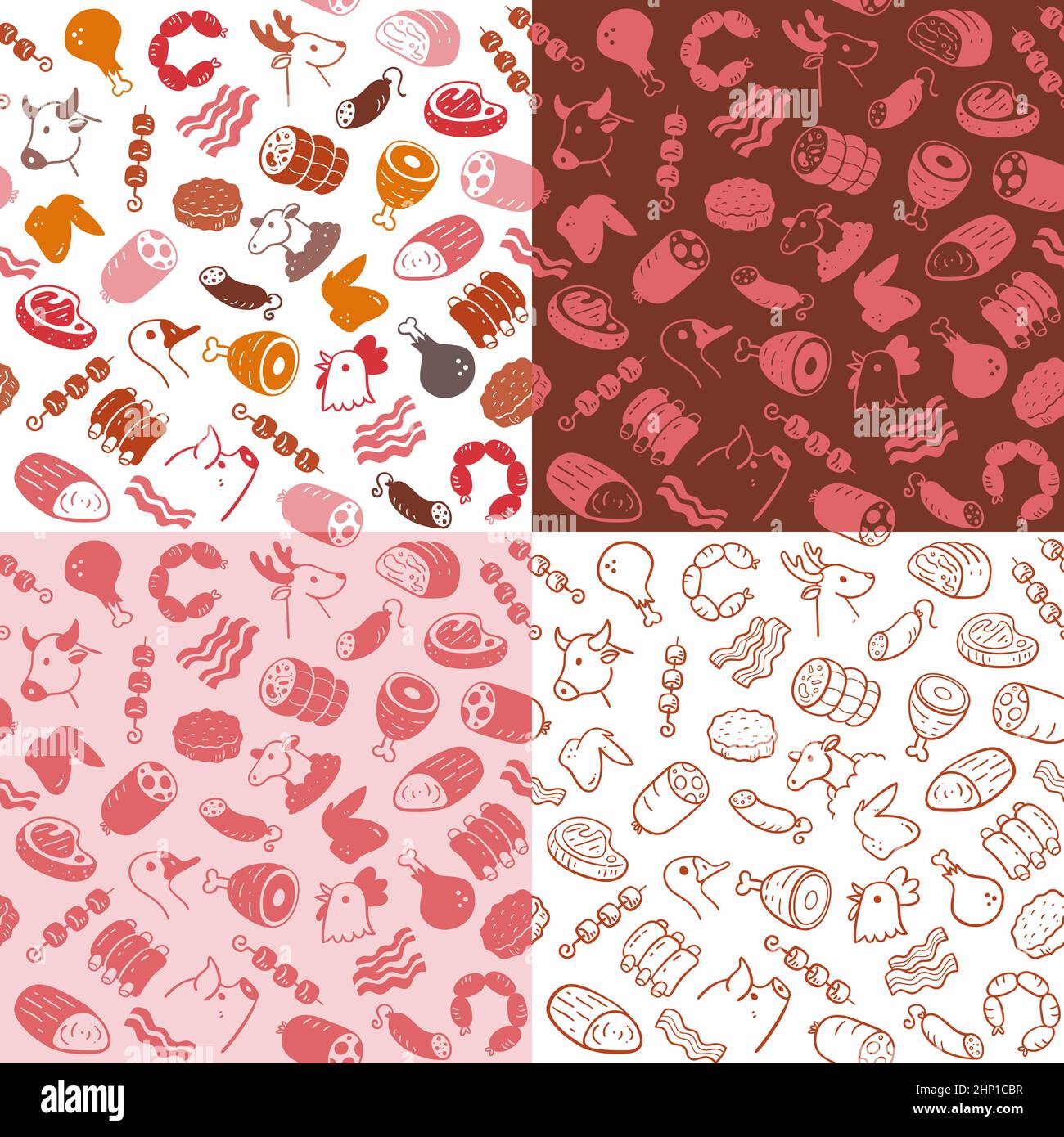 Collection de motifs sans couture pour la viande. Morceaux de viande et produits à base de viande. Illustration des ingrédients alimentaires pour la cuisson. Silhouettes et activités colorées et monochromes Illustration de Vecteur