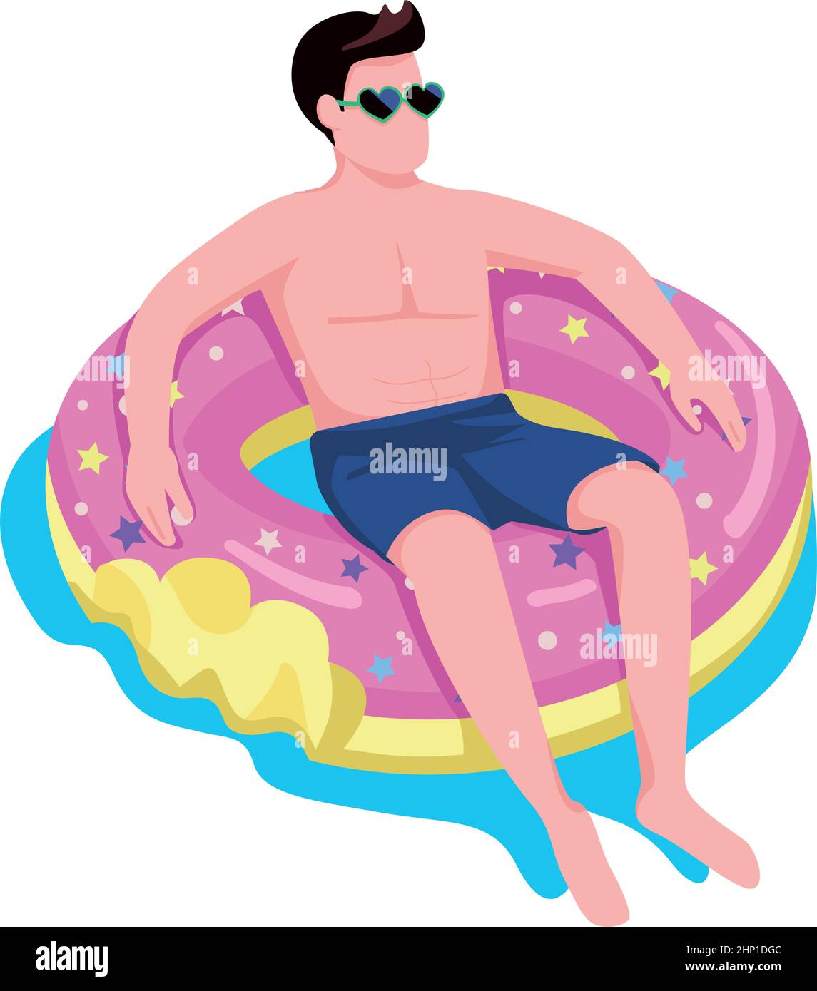 Homme se détendant dans le matelas d'air de donut semi-plat couleur vecteur caractère Illustration de Vecteur