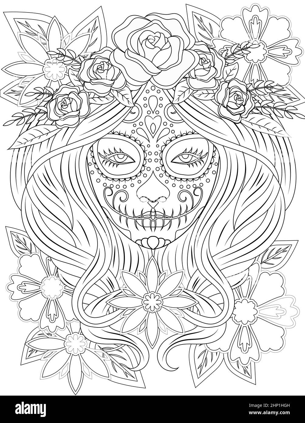 Tatouage Lady visage ligne dessin avec de longs cheveux portant la coiffure florale. Banque D'Images