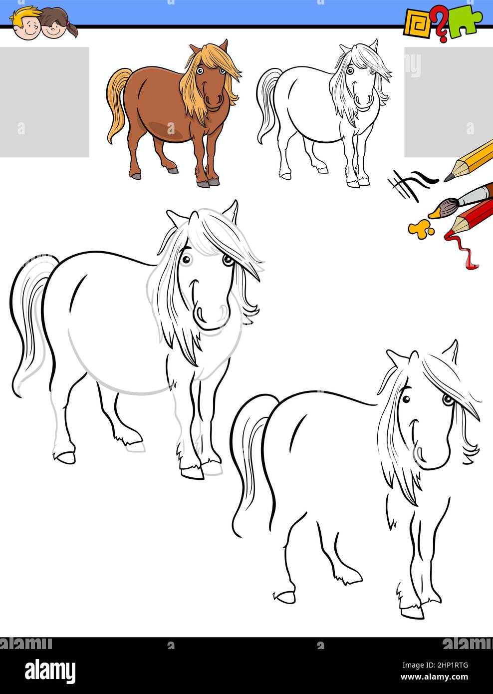 Illustration de dessin et de coloriage d'activités éducatives pour les enfants avec le cheval ou le poney de caractère animal de ferme Illustration de Vecteur