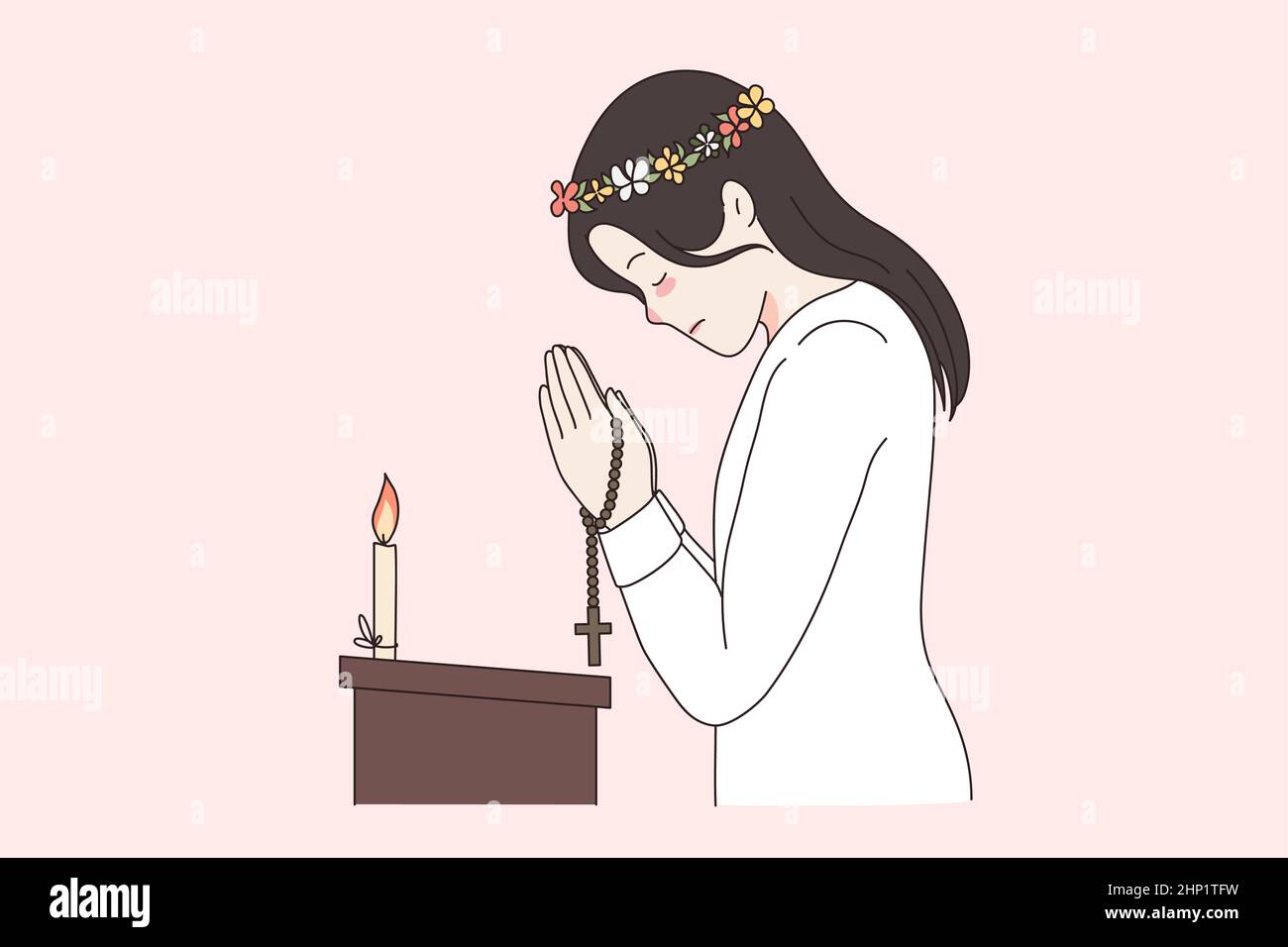 La religion croit en dieu et le concept de spiritualité. Jeune femme dans la couronne debout dans l'église ours bougie prier pour la santé tirant dans le geste religieux Banque D'Images