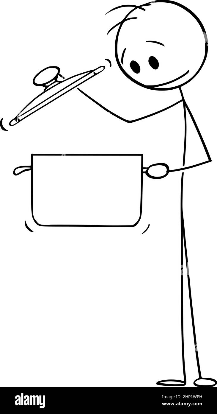 Personne affamée ou cuisinier regardant dans un pot de cuisson , Illustration de la figure du bâton de dessin vectoriel Illustration de Vecteur