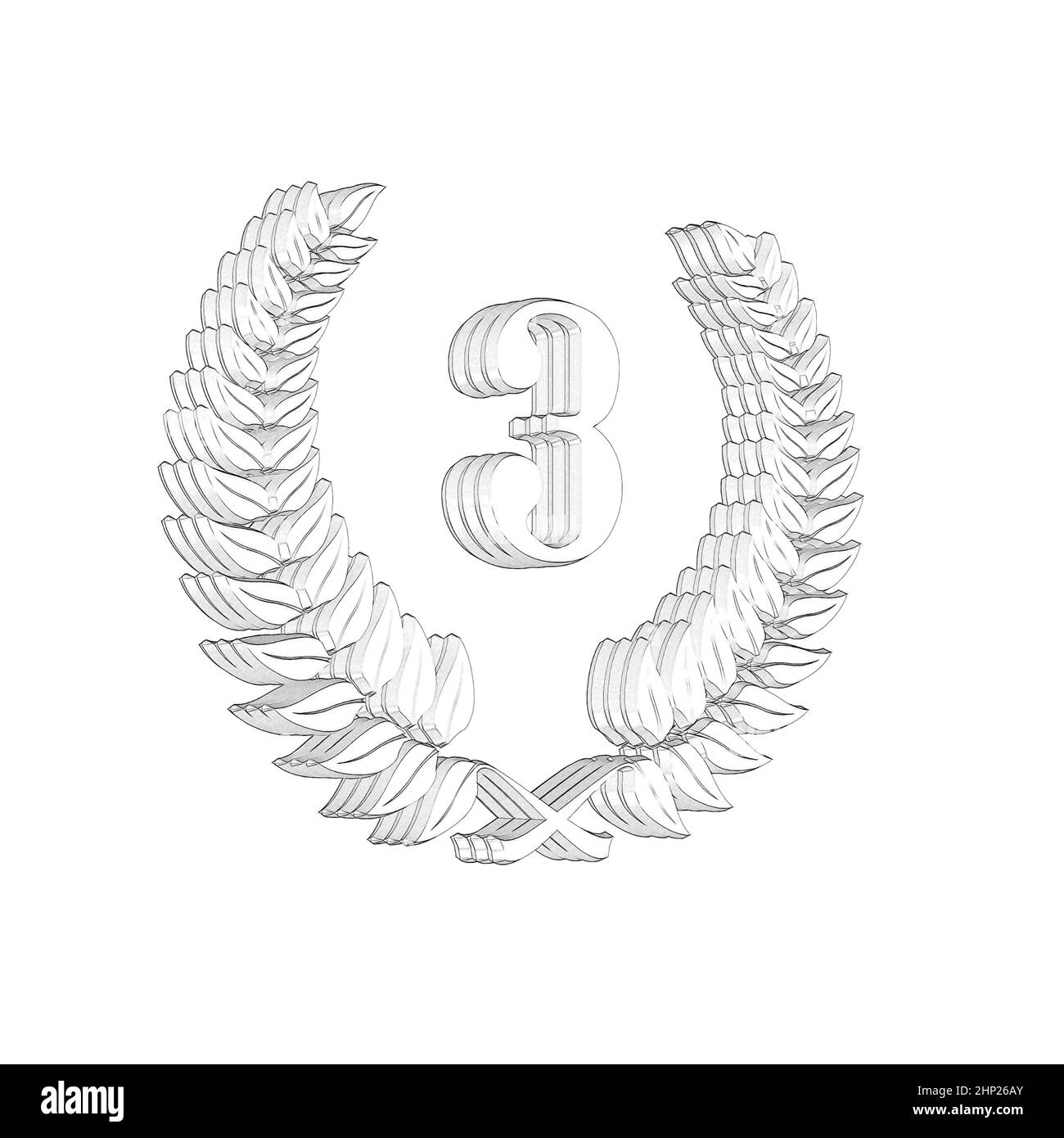 Numéro 3 avec couronne de Laurier ou couronne d'honneur comme 3D-illustration, 3D-rendu Banque D'Images