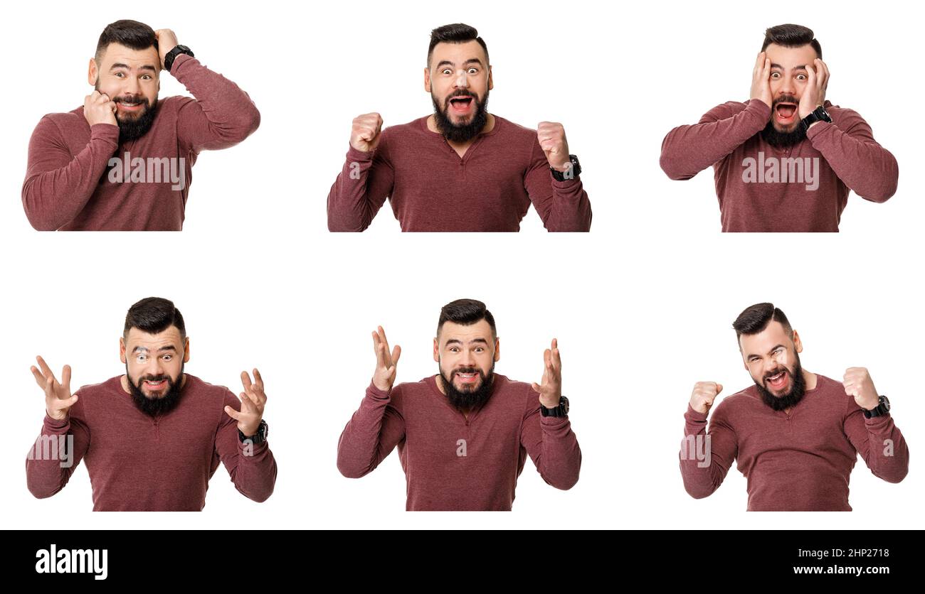 Ensemble de choqué man screaming sur fond blanc. Banque D'Images