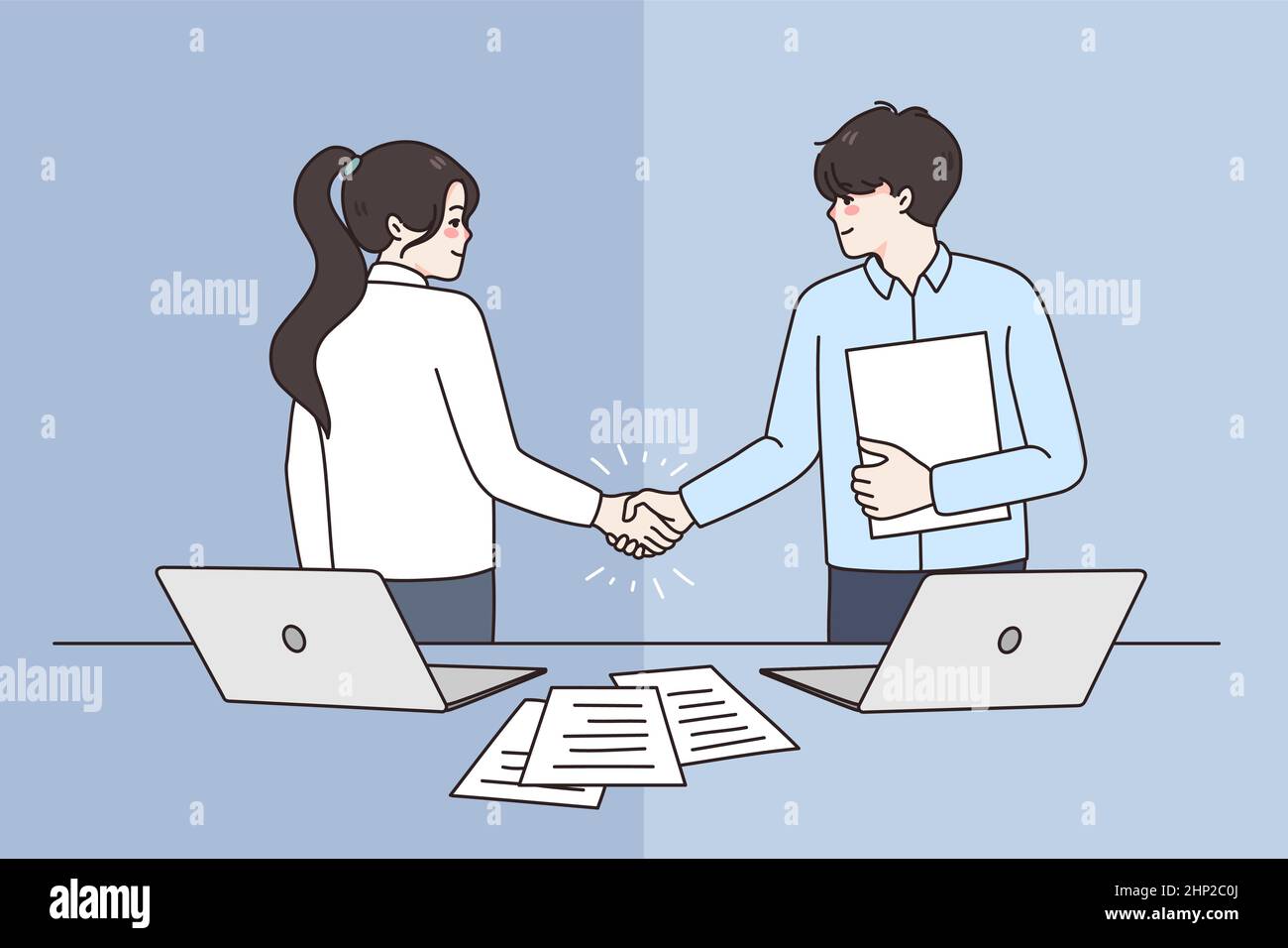 Les partenaires d'affaires souriants traitent la conclusion de la transaction lors de la réunion Illustration de Vecteur