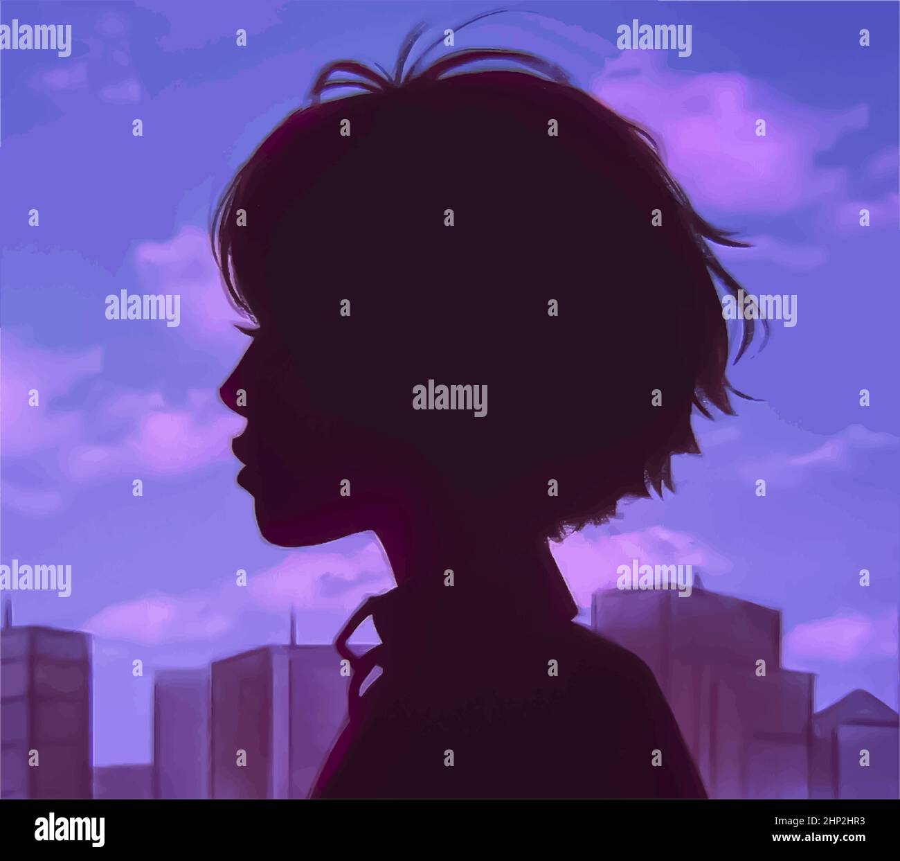 Silhouette d'une fille animée sur le fond de la ville du soir. Illustration de Vecteur