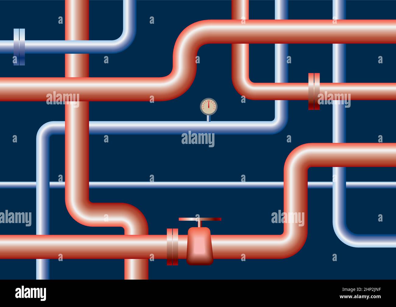 Illustration du vecteur de pipelines. Illustration de tuyaux industriels de différentes tailles en rouge et bleu sur fond bleu foncé. Parfait pour illust Illustration de Vecteur