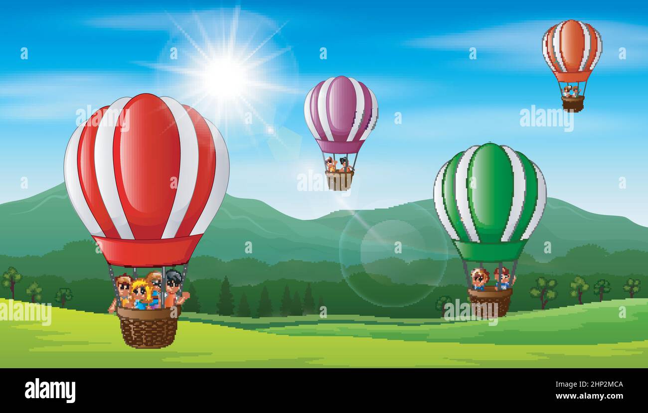 Des enfants heureux volant dans un ballon d'air chaud Illustration de Vecteur