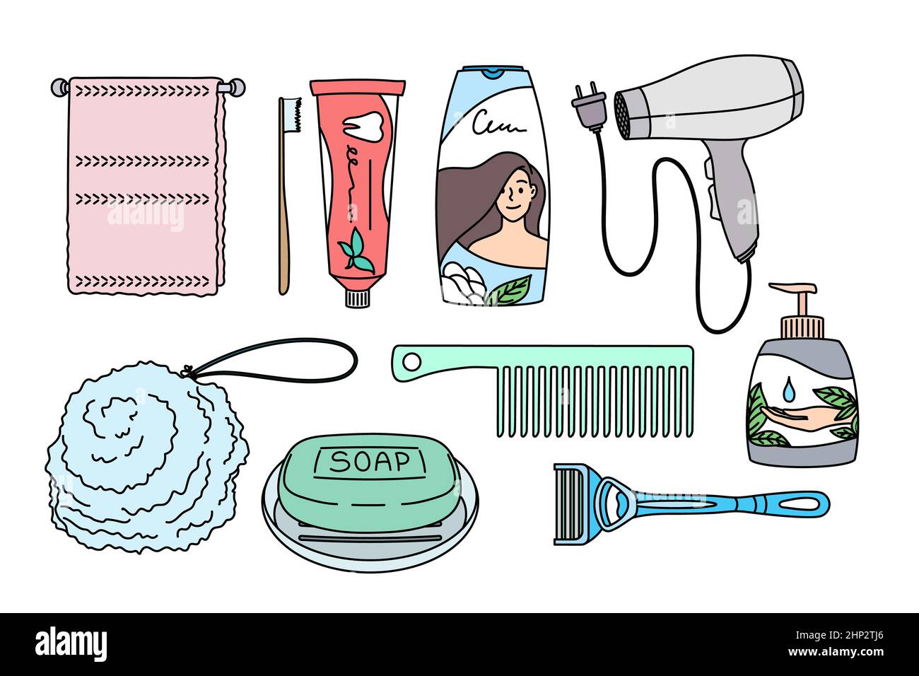 Concept beauté et bien-être féminin. Groupe d'objets pour femme maison beauté sèche-cheveux serviette shampooing savon brosse dentifrice pour l'hygiène quotidienne Banque D'Images