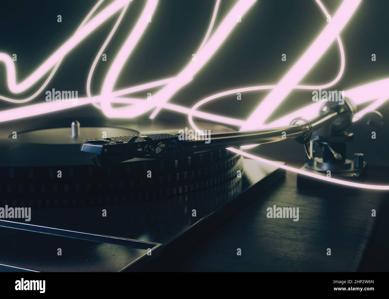 Un concept showinga vintage platine disque joueur entouré par la danse lumineuse pistes 3D rendu Banque D'Images