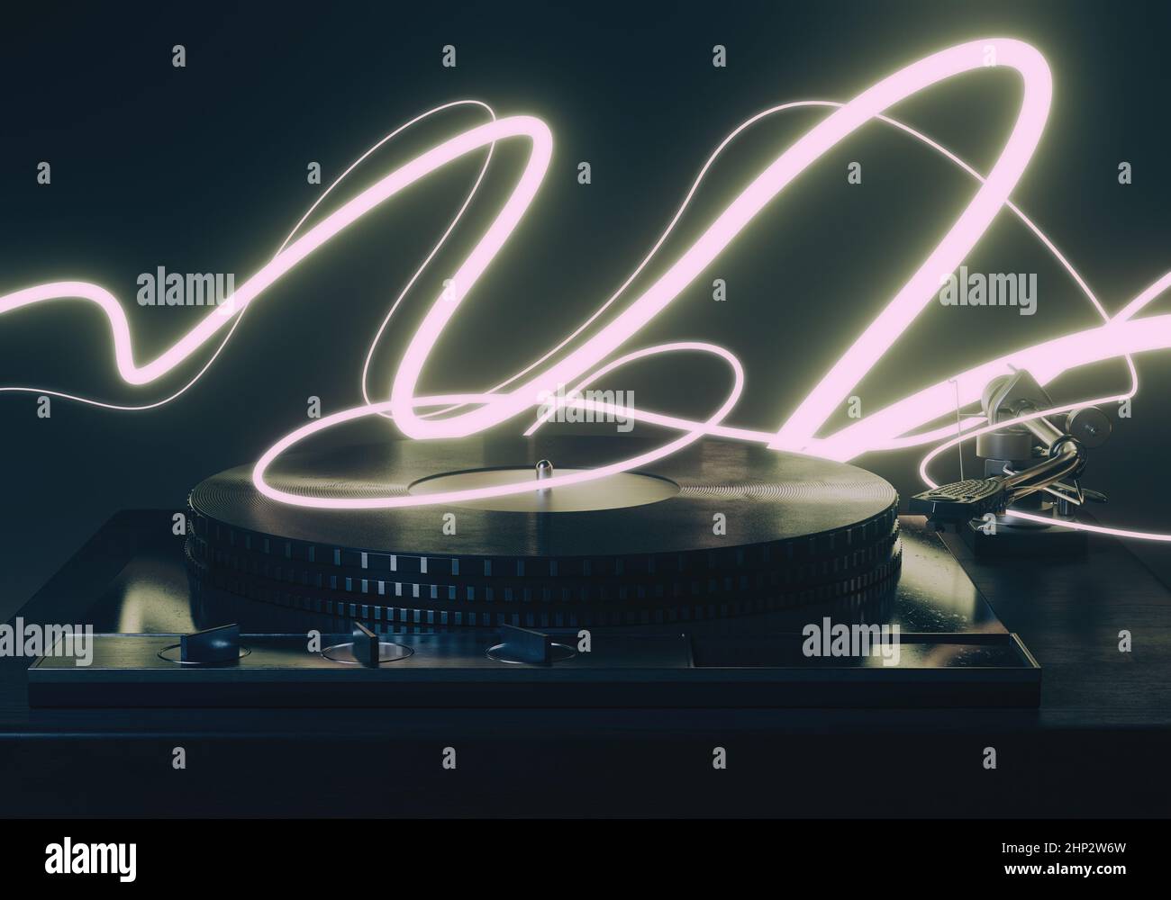 Un concept showinga vintage platine disque joueur entouré par la danse lumineuse pistes 3D rendu Banque D'Images