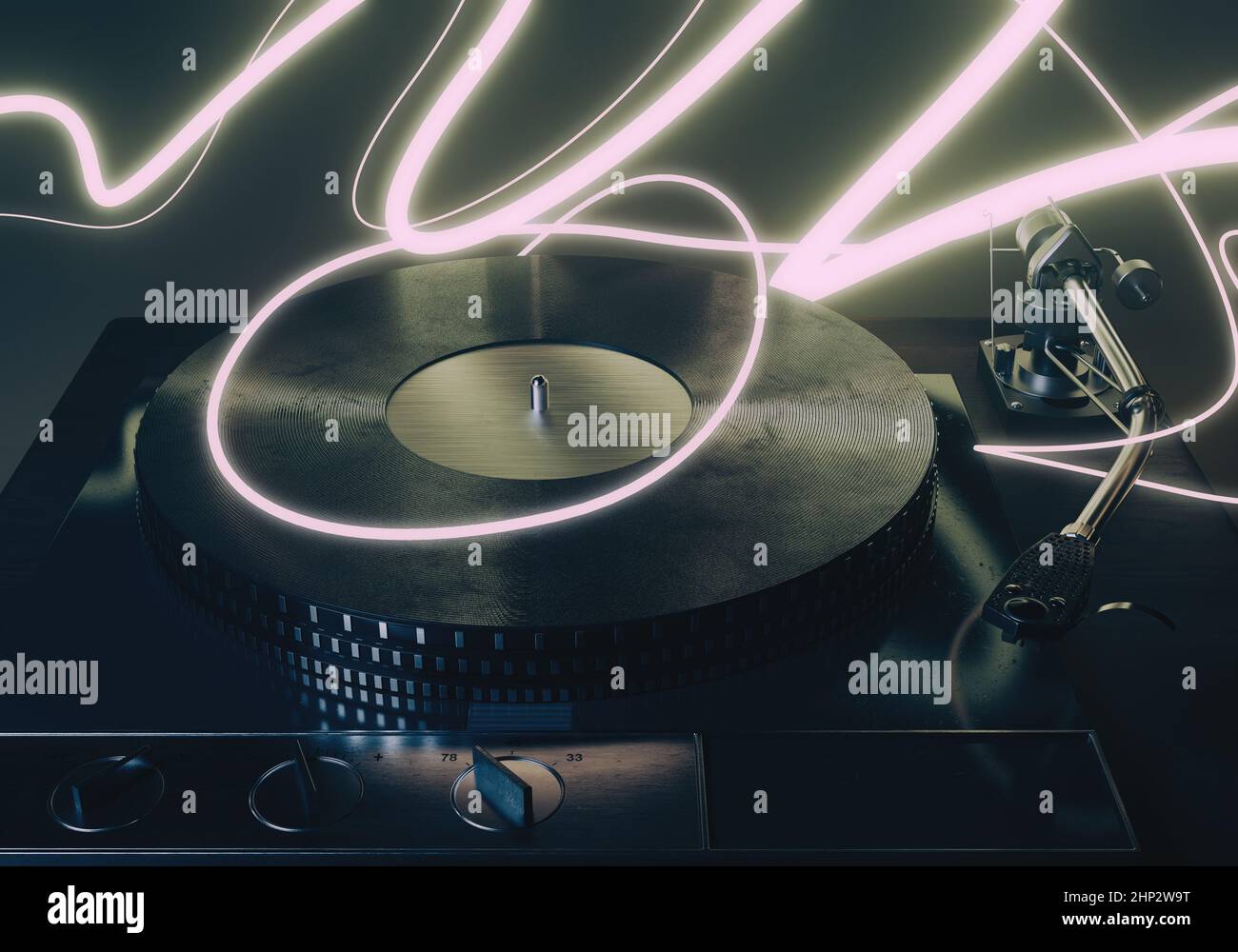 Un concept showinga vintage platine disque joueur entouré par la danse lumineuse pistes 3D rendu Banque D'Images