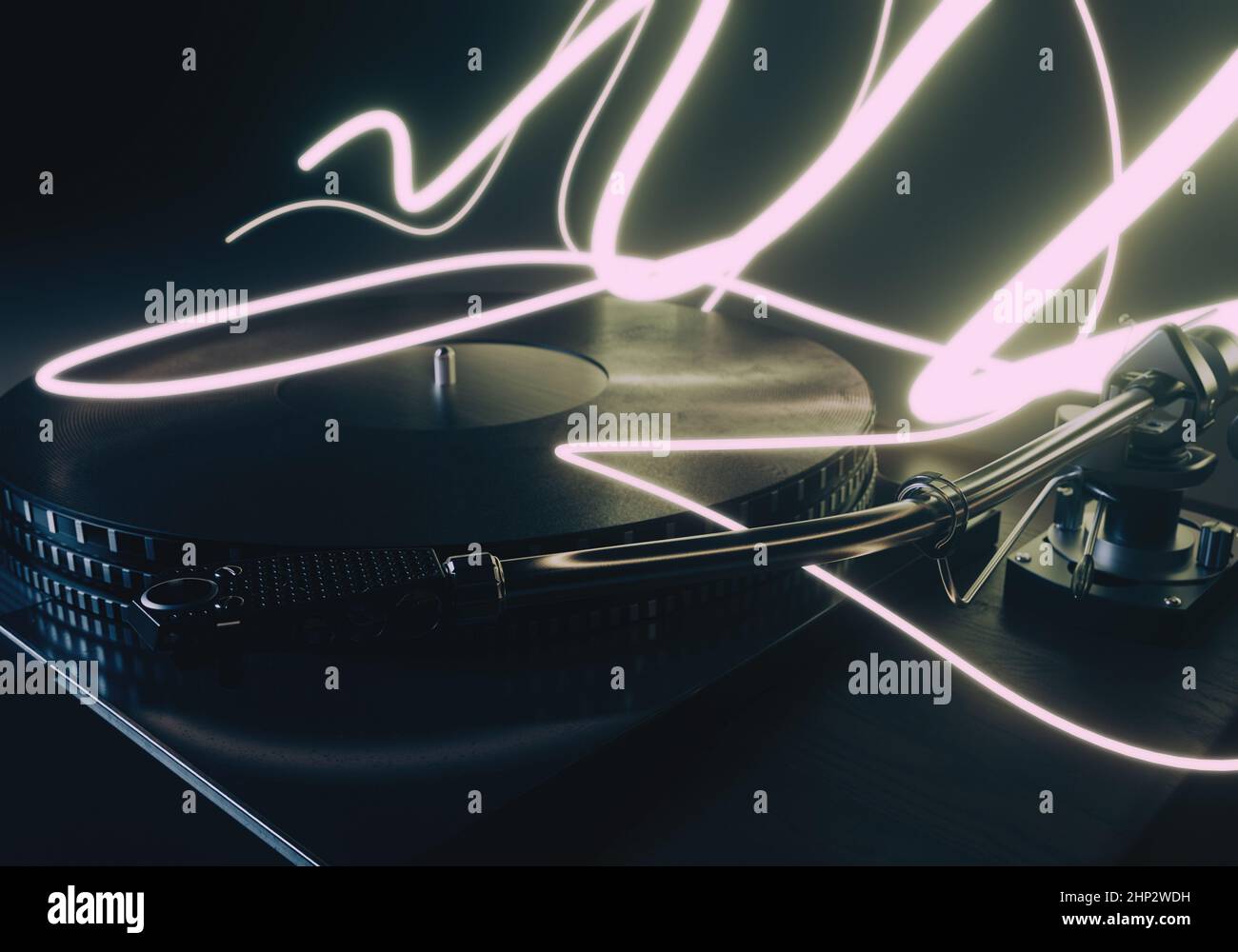 Un concept showinga vintage platine disque joueur entouré par la danse lumineuse pistes 3D rendu Banque D'Images