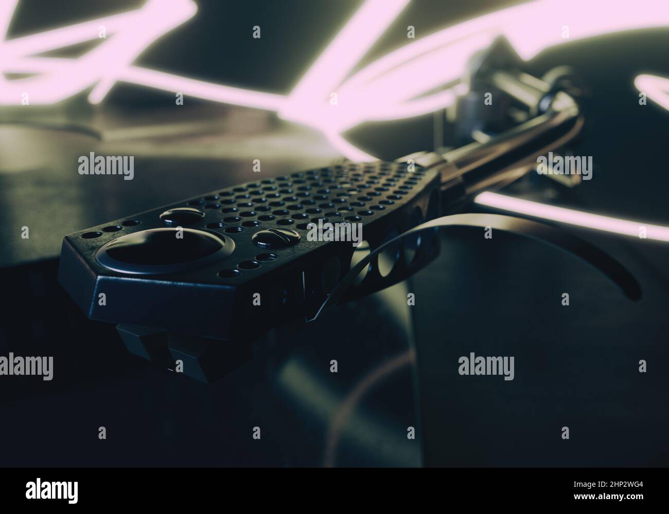 Un concept showinga vintage platine disque joueur entouré par la danse lumineuse pistes 3D rendu Banque D'Images