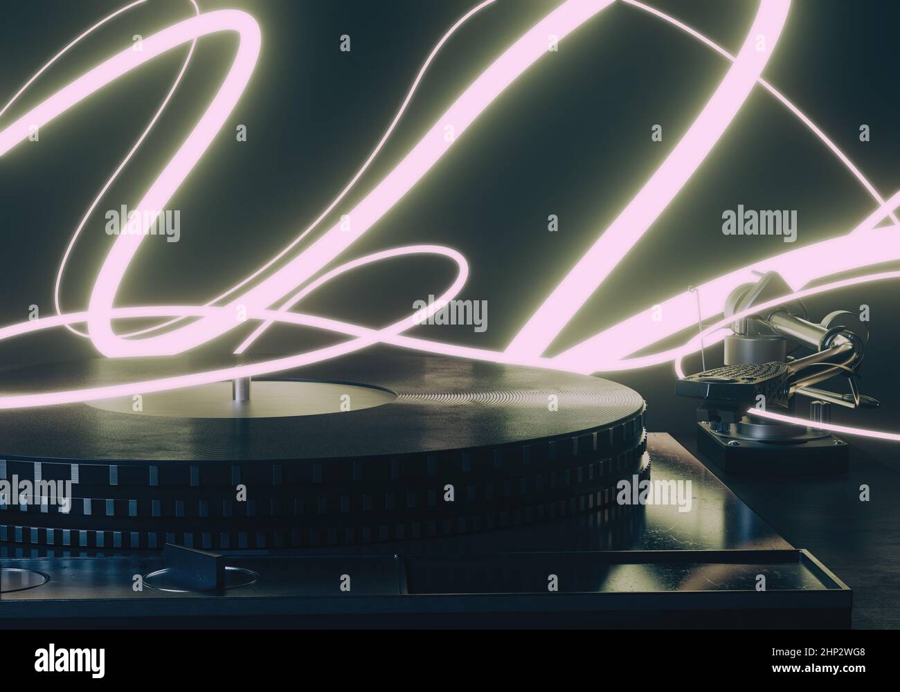 Un concept showinga vintage platine disque joueur entouré par la danse lumineuse pistes 3D rendu Banque D'Images