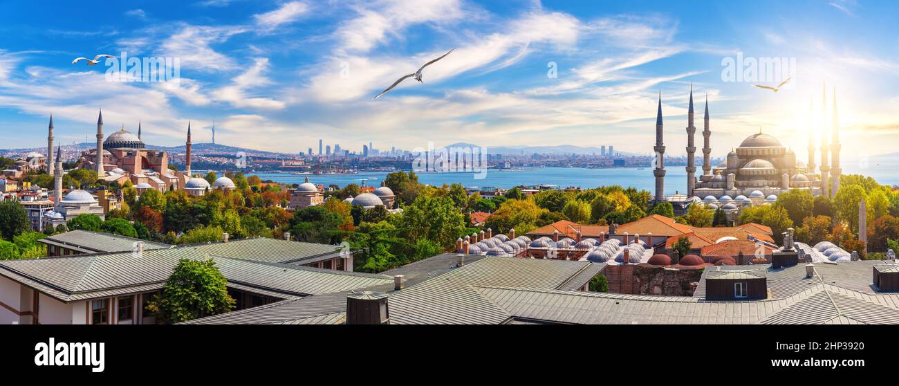 Panorama des toits d'Istanbul, de la basilique Sainte-Sophie et de la Mosquée bleue, Turquie. Banque D'Images