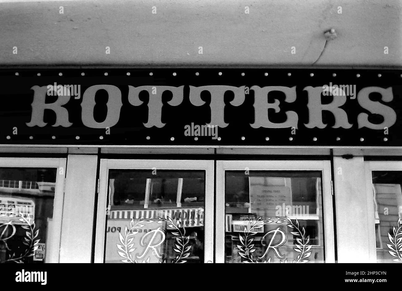 Panneau extérieur au Rotters Night Club, Oxford Road, Manchester, à Manchester, Greater Manchester, Angleterre, Royaume-Uni, en 1983. Banque D'Images