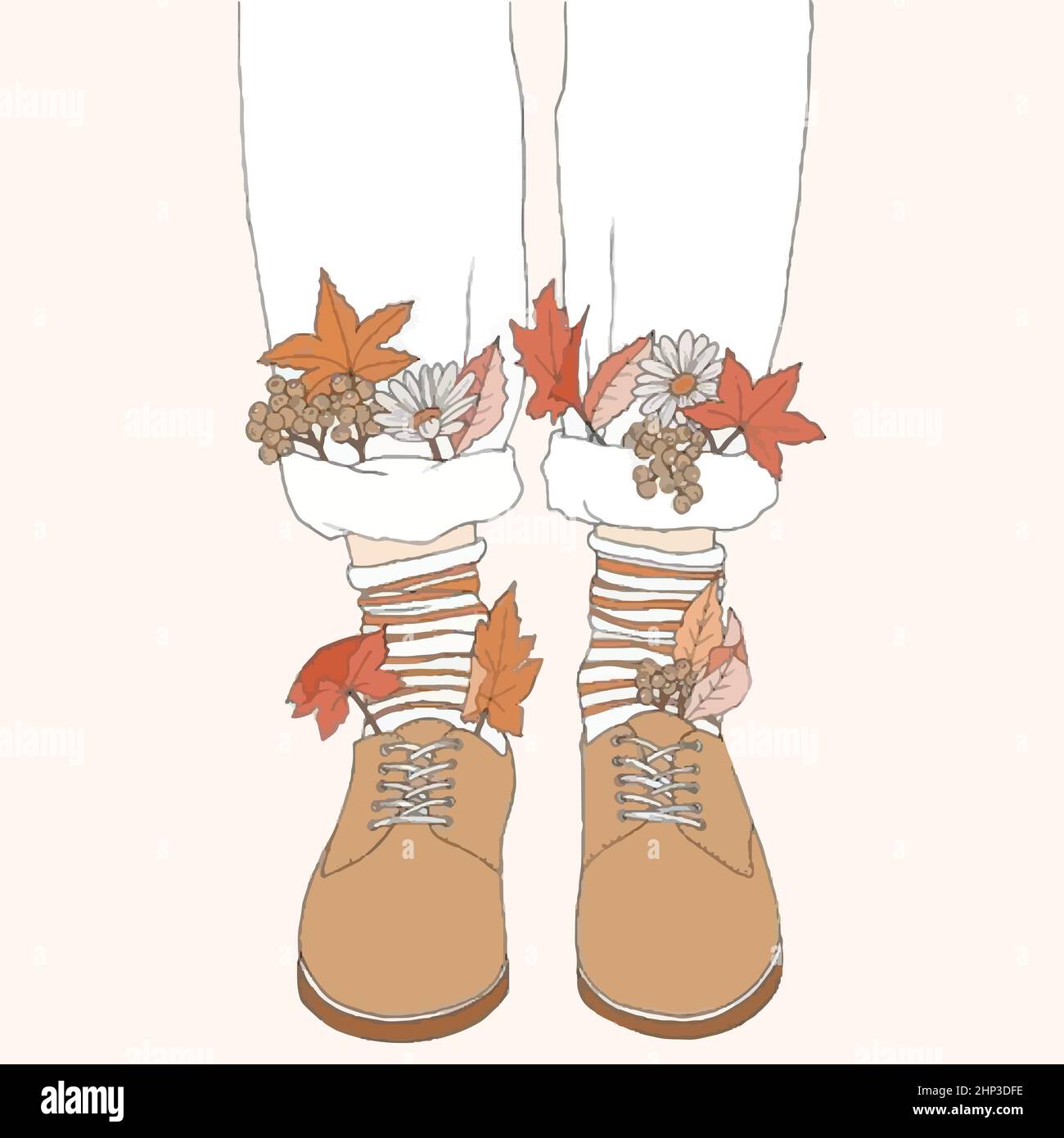 Illustration d'automne Vector. Pieds décorés de feuilles et de fleurs d'automne Illustration de Vecteur