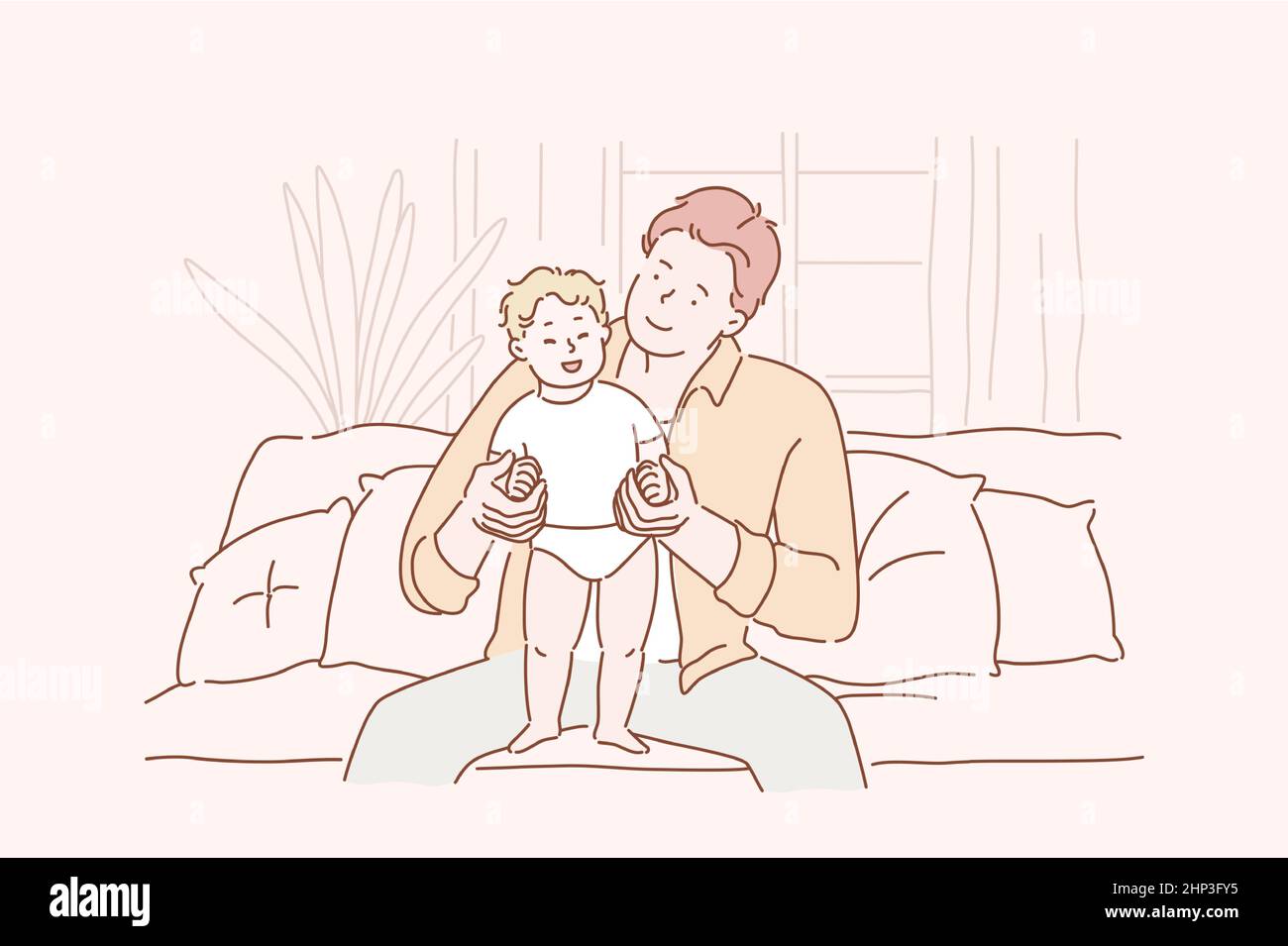 Concept de famille, paternité, amour. Un jeune homme heureux tient son enfant. F ather avec petite fille ou fils à la maison. Fête des pères Illustration de Vecteur