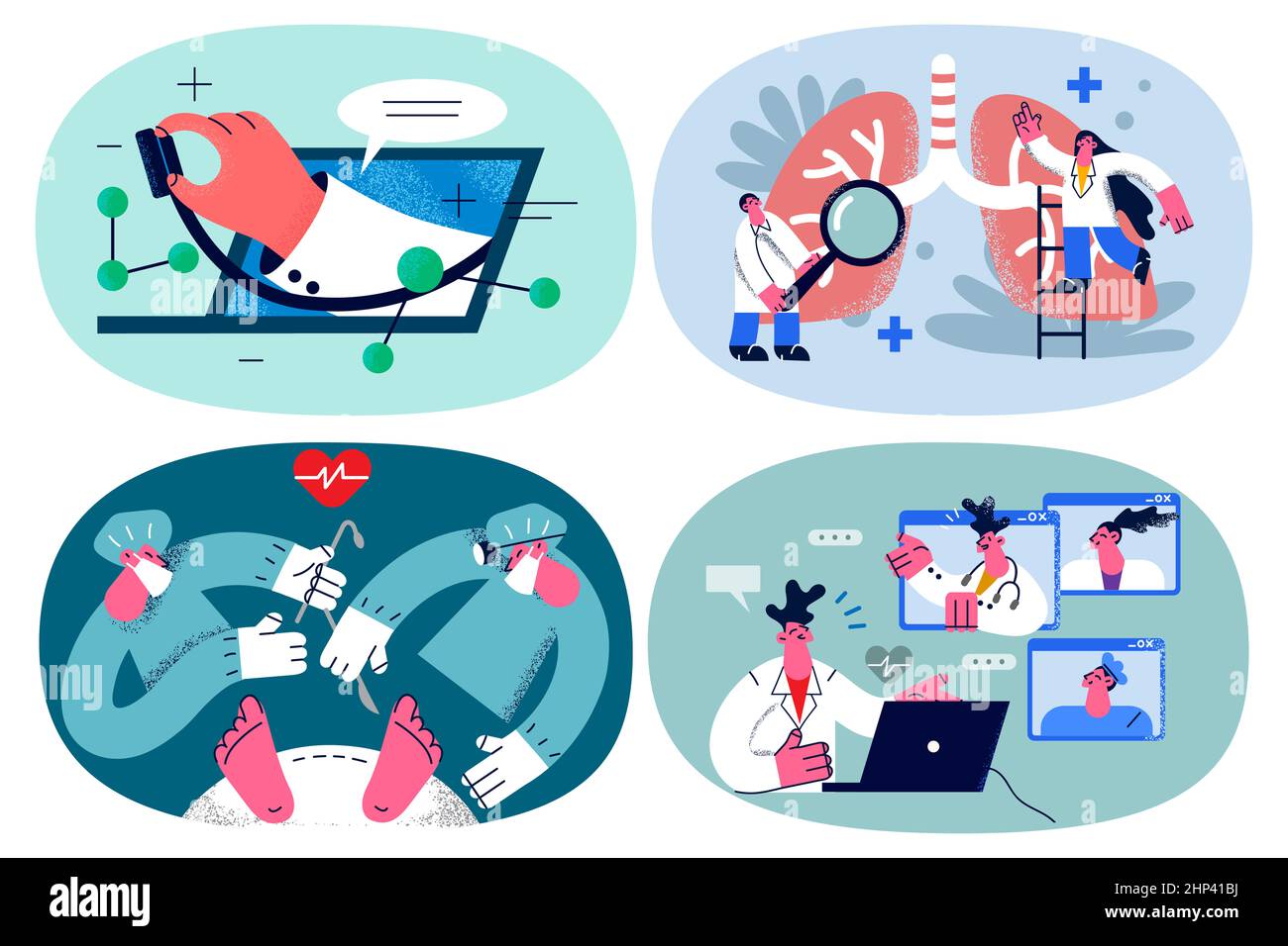 Ensemble de médecins en uniformes médicaux examiner vérifier patient aider personne malade avec la chirurgie. Les professionnels de la médecine discutent par appel vidéo ont des inconvénients en ligne Banque D'Images