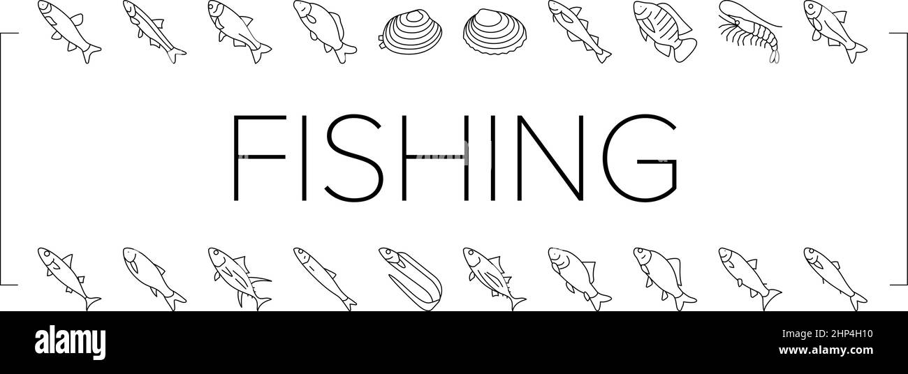 Pêche commerciale Aquaculture Icons Set Vector . Illustration de Vecteur