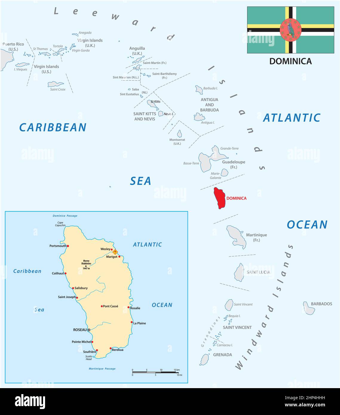 Carte vectorielle des Petites Antilles avec l'île de la Dominique Illustration de Vecteur