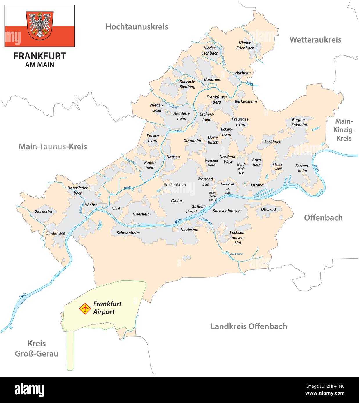 Carte vectorielle de Francfort avec tous les quartiers et drapeau, Allemagne Illustration de Vecteur