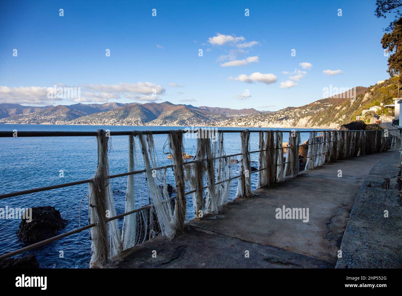 Italie, Camogli - Punta Chiappa, Porto Pidocchio - filets de pêche laissés au sec dans la brise de mer Banque D'Images