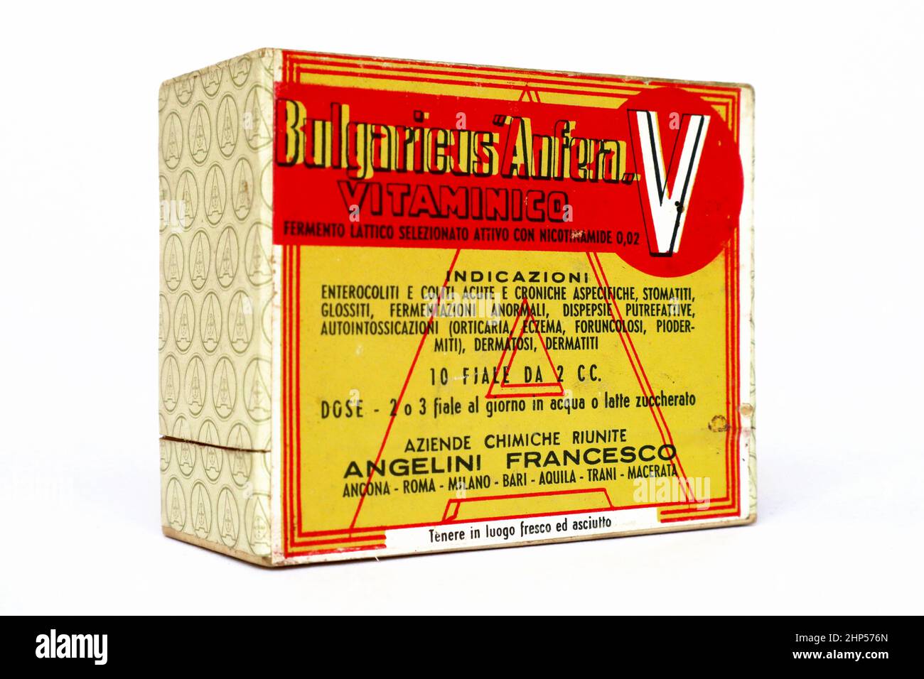 Vintage 1952 Lactobacillus BULGARICUS ANFERA bactéries lactiques Probiotic fabriqué en Italie par ACRAF ANGELINI FRANCESCO - Ancona Banque D'Images
