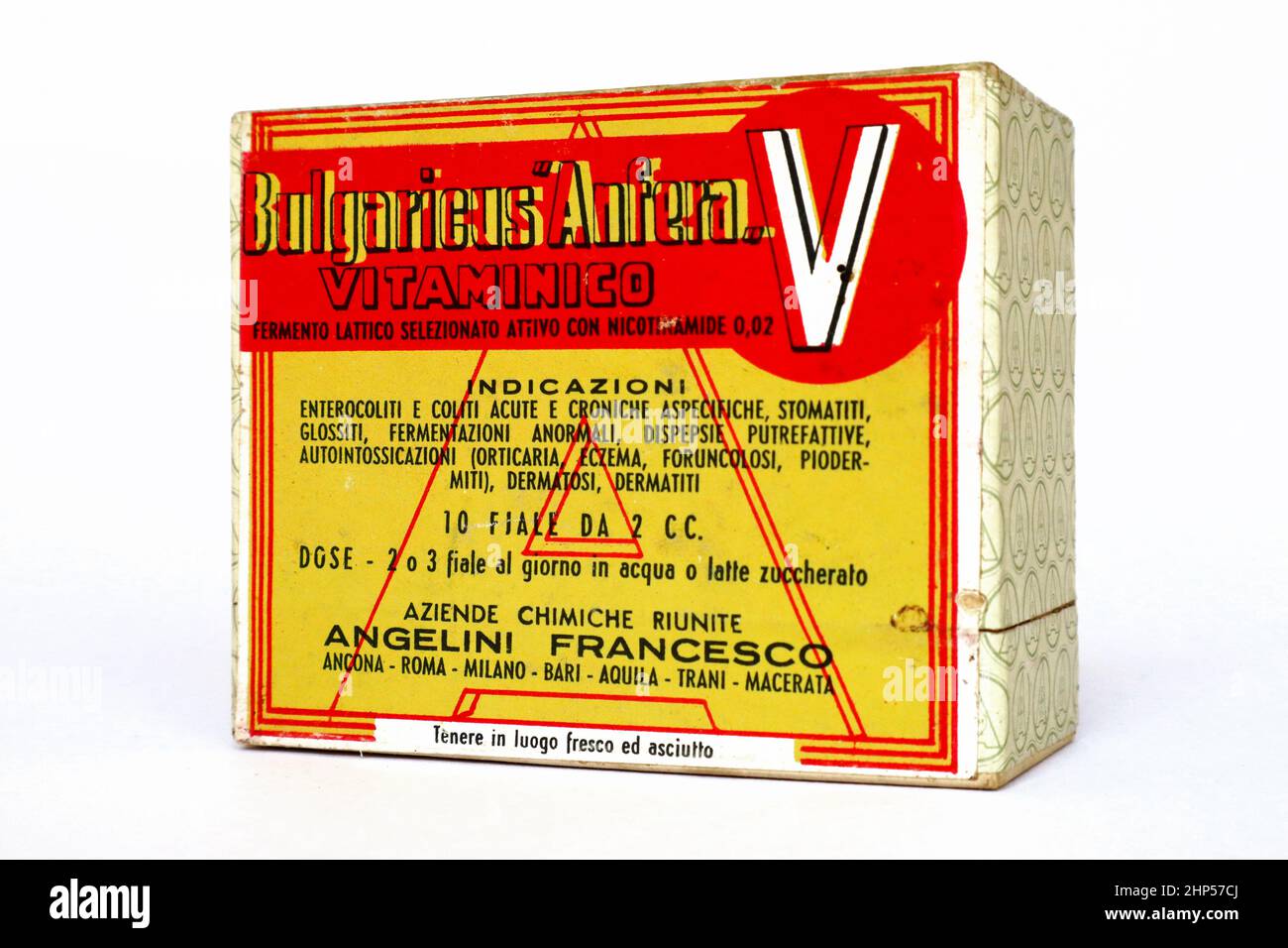Vintage 1952 Lactobacillus BULGARICUS ANFERA bactéries lactiques Probiotic fabriqué en Italie par ACRAF ANGELINI FRANCESCO - Ancona Banque D'Images