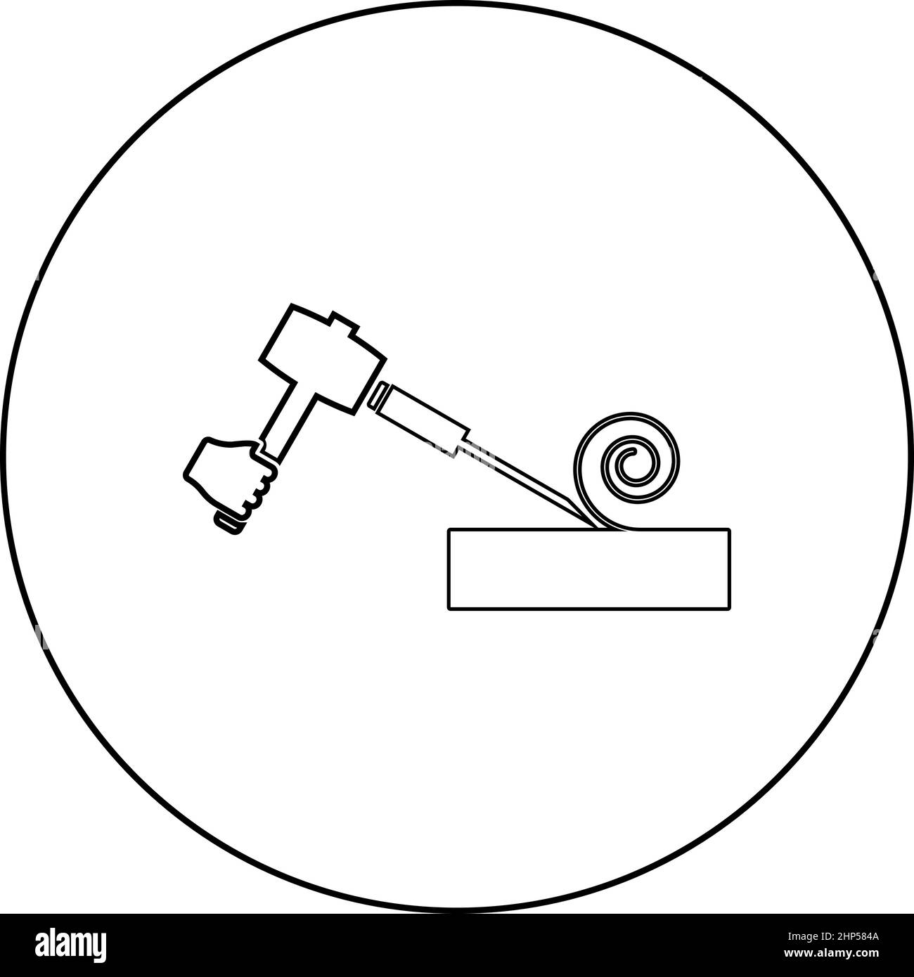 Marteau à bois avec burin utilisant des copeaux de surface de traitement utiliser un bras outil de travail du bois icône de la fraiseuse d'atelier en cercle rond noir couleur vecteur illustration image de style de contour solide Illustration de Vecteur